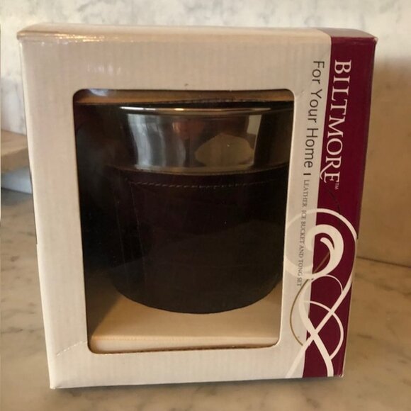 BILTMORE Leather Wrapped Ice Bucket with Ice Tongs Set - Picture 1 of 13